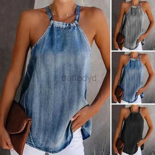 Kadınlar bluz gömlekleri kadınlar yular tank üst kolsuz denim rahat gömlek o boyun spagetti kayışları yumuşak yaz bayanlar yular cami gömlek tatil 240411