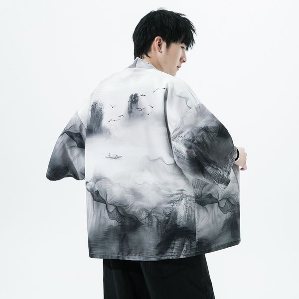 Traditionelle japanische Strickjacke chinesische Tinte Kimono Haori Yukata Robe Plus Size 5xl Satin Männer Hemd Jacke Samurai Kostüm
