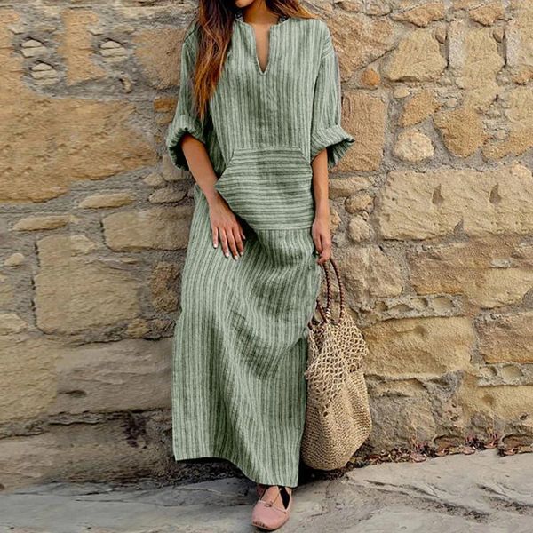 Abiti casual abiti vintage in kaftan lungo le strisce sciolte per donne in cotone largo di lino di cotone maxi signore boho spiaggia