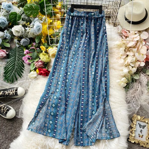 Bölünmüş kravat geniş bacak pantolon sahil kıyafetleri retro etnik tarzı sahte pantolon culottes gevşek bohemia 240402