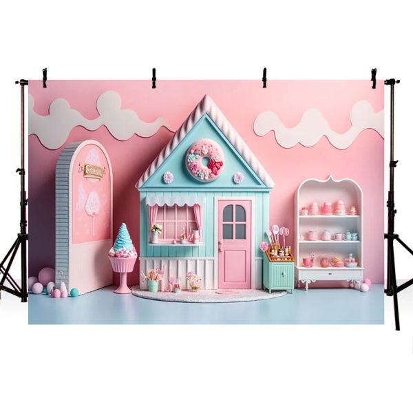 Mehofond Fotografie Hintergrund Sommer Pink Ice Cream Shop Candy House Girl Geburtstag Party Kuchen Smash Decor Hintergrund Foto Studi Studi