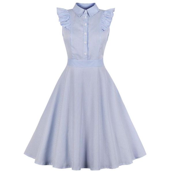 Kenancy 1960 Audrey Hepburn Swing Rockabilly Vestage Dress Plus Tamanho Blue Stripe Prifles Ruffles Retro Dress Party Vestidos 4xl Y191865095