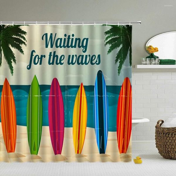 Занавески для душа Водонепроницаемое пляжное океанское серфинг 3D ванная комната с крючками