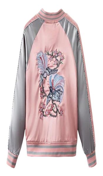 Цветочная вышиваемая сувенирная куртка для бомбардировщиков Женская бейсбольная карман хараджуку розовый контраст атласный плату Sukajan1629366