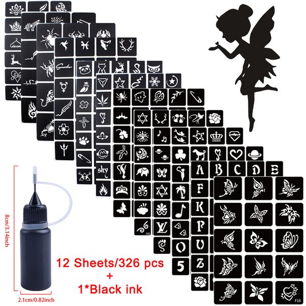 326pcs 10ml mürekkep + 12 yaprak küçük hava fırçası dövme şablonları kadınlar için şablon çizim kaya dövme şablonu parti için