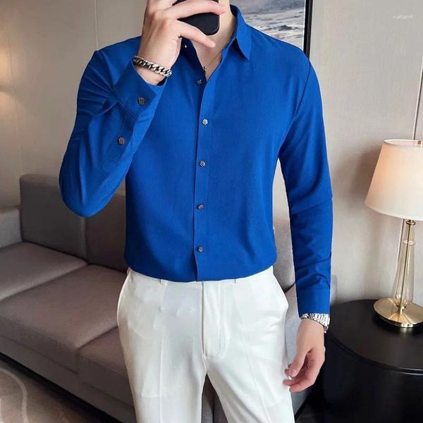 Мужские повседневные рубашки деловая рубашка против морщин с длинным рукавом Slim Fit Waffle Man платья свадебная блузка Camisa мужская одежда королевская синяя