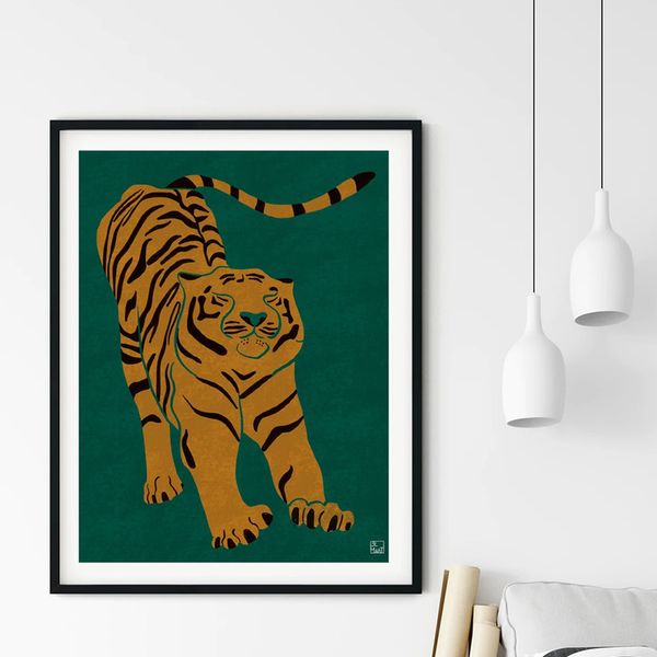 Abstract Poster Pink Animal Poster Green Tiger non perde la tela del sonno dipinto di arte murale Stampe rosse foto da letto nordico arredamento per la casa