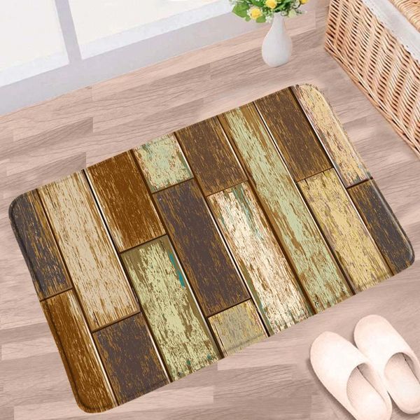 Badmatten Fußmatte Retro alte Holzplatte Badezimmer Matte Grüne Blatt Farbe Geometrisches Muster Nicht-rutscher Teppich Küchentür Gang Teppiche