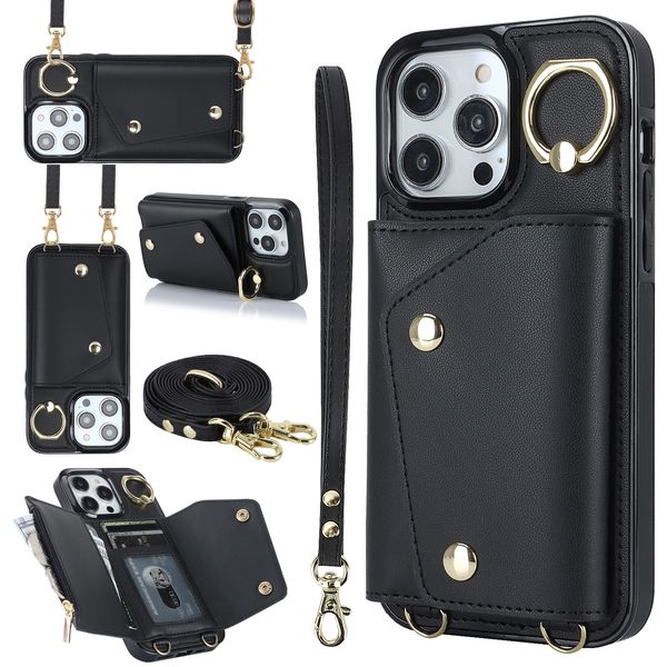 Designer iPhone Case Cash Case Crossbody Кольцевой кольцевой держатель кольцевой карты черная кожаная защитная карта для iPhone 15 Pro Max Apple 14 iPhone 13 iPhone 12 Apple