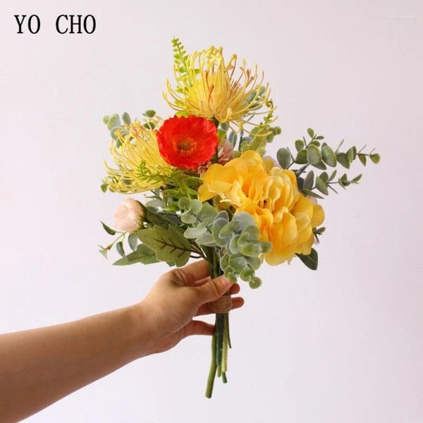 Flores de casamento Yo Cho Cho Flower Bouquet Artificial Silk Rose Peony Orchid Pompom