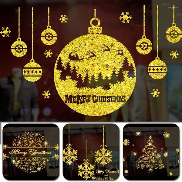 Adesivi da parete Shining Gold Christmas Tree Window Finestra Babbo Natale Garland Decals Year Showcase Snowman Home Decor