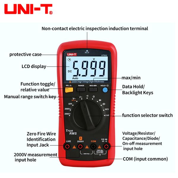 UNI-T UT892 2000V AC/DC Высокотальное цифровое мультиметр для шахта переменного тока VROLTMETER TREAR RMS-конденсатор частотный счетчик.