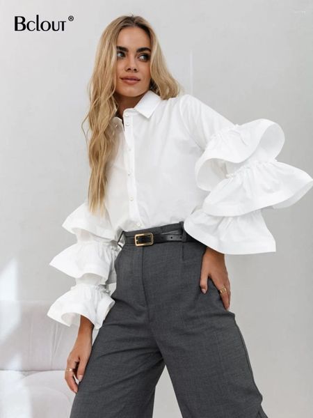 Женские блузки Bclout Fashion Ruffled White Roomts Женщины 2024 Элегантная хаки офисная леди свободная осень Питч