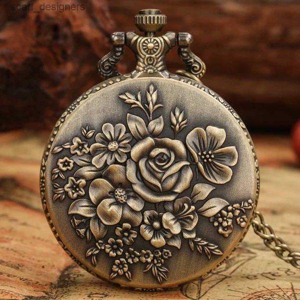 Relógios de bolso Bronze Rose Flower PENED PENDE RETRO ELEGANT BLOOM FLORES MULHERES MULHERZ POCKET ES Ladies Fob Colar Jewelry Relógio Y240410