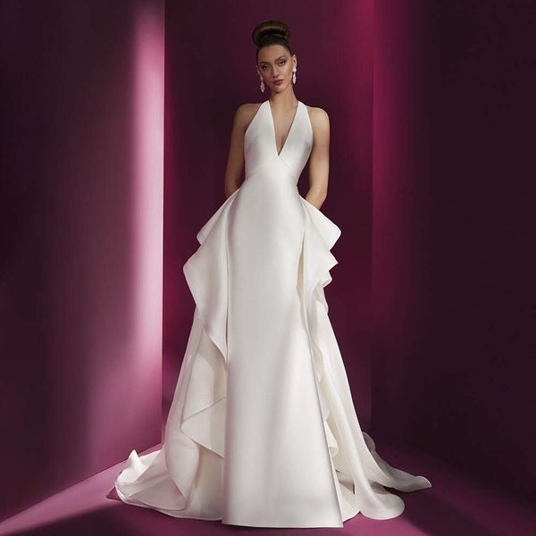 Splendida cavezza solida per matrimoni solidi abiti da sirena arricciata con scollo a v-scollo con coda staccabile elegante abito da sposa da treno