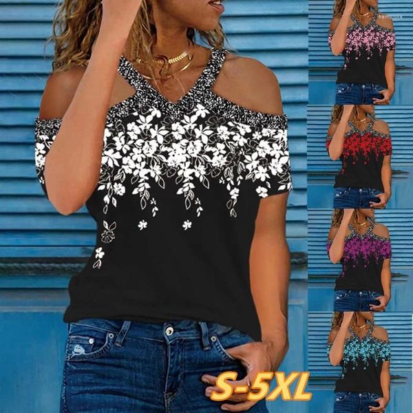 Camisetas femininas Mulheres moda moda de manga curta estampada de flor casual camiseta macia e confortável com decote em V Tops de verão sem alças