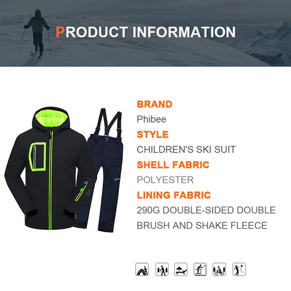 Ternos infantis de esqui com capuz jaqueta de inverno quente à prova de vento+babador