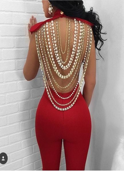 Yeni Varış Seksi Kırmızı Siyah Sırtsız İnci O boyunlu Rayon Bandaj Bodycon Romper Tam Uzunluk Tulum Ünlü Parti A51455485