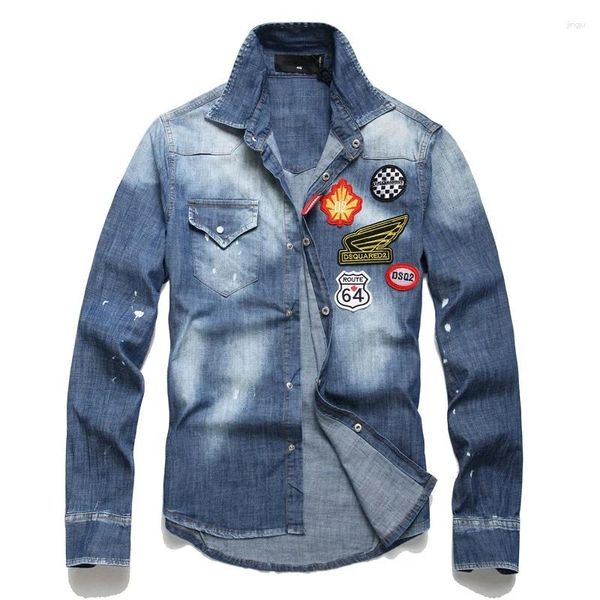 Herrenjacken 2024 Jacke Spring Denim Mantel Abzeichen Clamhead Moto Biker Outs Outdoor Street Kleidung Blau dünner Cotton M-2xl