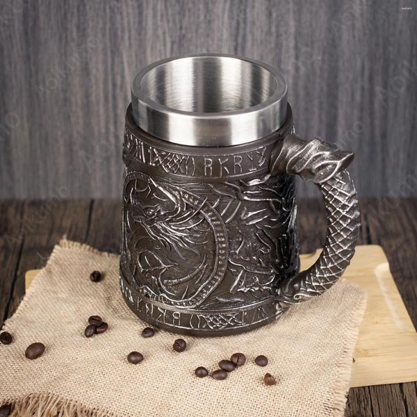 Canecas Dragon Shape Rune Tankard Medieval Resina Vintage Beer Stein 304 SS Cablet Cavela Handmade Decor Creative Home Capacity 600ml