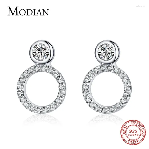 Orecchini per borchie Modin Real 925 Sterling Silver Classic Geometric Round for Women Luxury Clear Cz Fine Fine Wedding Jewelry