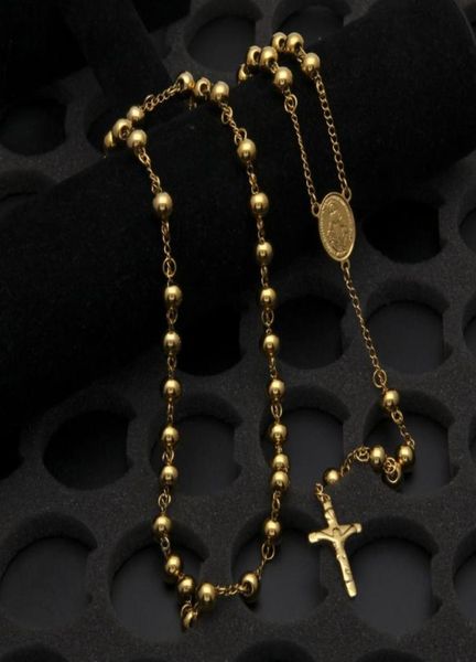 Nuova dea cattolica Virgen de Guadalupe 8mm perline 18K Gioielli con collana rosario placcata in oro Gioielli Gesù Crocifisso Cross Pendant45675735971040