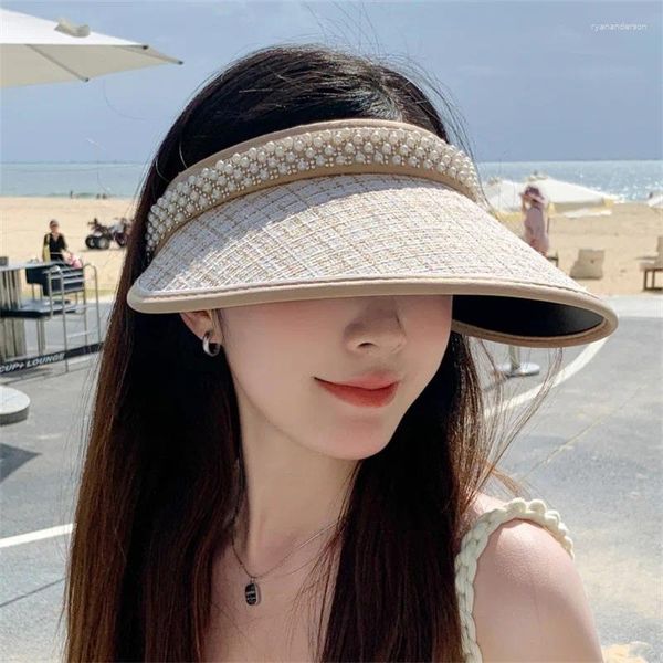 Weitkrempeln Hats Imitation Perle Frauen Sommer Anti-Uv Sonnenhut leere Top Sonnenschutzmütze koreanische Mädchen Outdoor-Reisebrand Visiervisoren