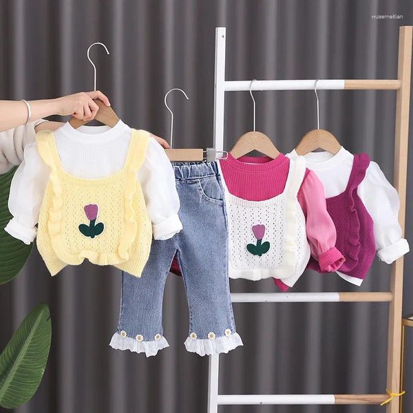 Roupas conjuntos de roupas de garotas Roupas primavera Autumn Children Woolen Jersey VSET T-shirts calças jeans 3pcs Terno para roupas de princesa de bebês crianças 5y