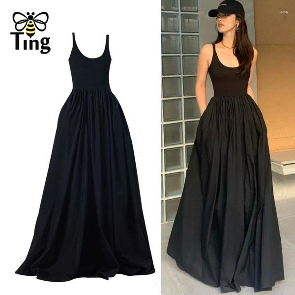 Sıradan Elbiseler Tingfly Tasarımcı Moda Minimalist Yaz Şık Siyah Uzun Maxi Elbise Kadın Sokak Giyim Largo Vestidos Elbise