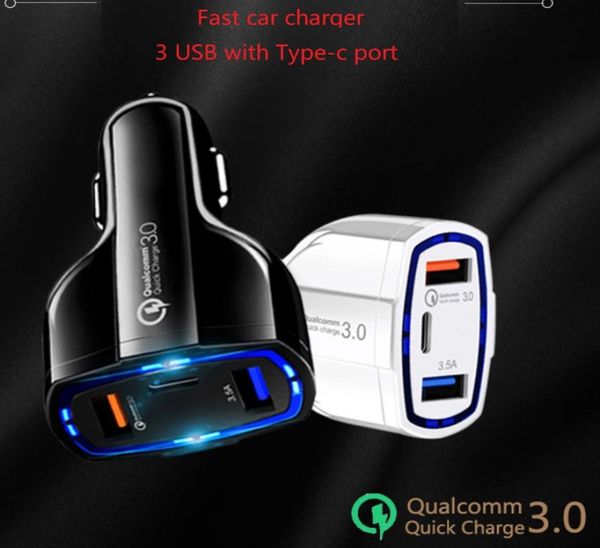 Carregador de carro rápido rápido 3 USB tipo C 35W 7A Chargers de adaptadores de energia automática para Samsung S7 S8 Android PC3839176