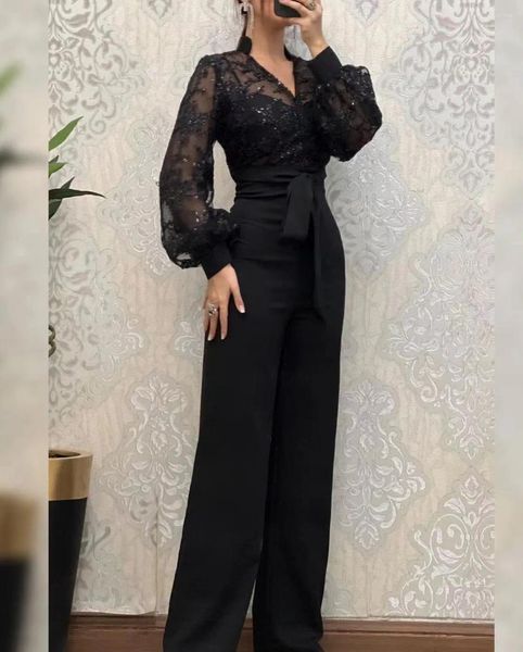 Parti Elbiseleri Siyah Tulumlar Kadınlar Düğün için Giyin V Boyun Şeridi Uzun Kollu Uzun Kollu Balo Zipper Arka Pantolon Takımları