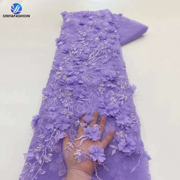 Tecido de renda floral 3D africana 2023 de alta qualidade bordada bordada de tule de luxo de luxo lacta de casamento com contas de noiva 34353