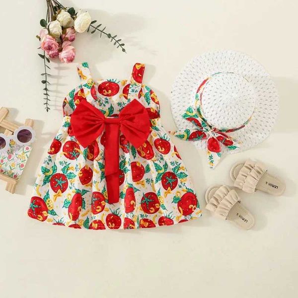 Vestidos de menina garotas vestidos de verão infantil novo tomate estampar arco halter saia de crianças e chapéu