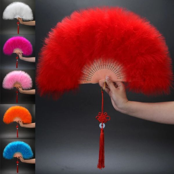 Elegant Folding Lüfter Full Velvet Bunte weiße Feder Fan Chinesische Knoten -Fan Fairy Girl Tanz Hochzeitsfeier Dekoration