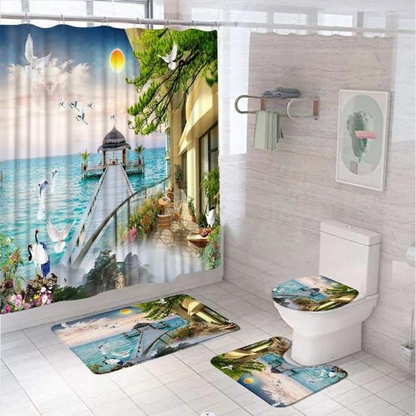 Cortinas de chuveiro 4pcs cenário oceano conjunto de cortinas para decoração de banheiro ponte de madeira varanda de golfinho