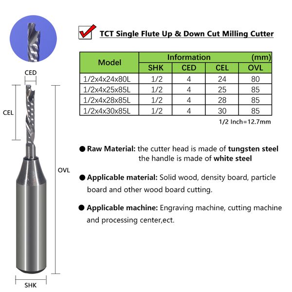 5pcs 1/2 дюйма TCT Syste Flute Spiral End Mills Up Down Count Filing Wood Cutter Routter.