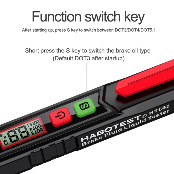 Habotest HT662 Bremsflüssigkeitstester Pen Autowagen Bremsflüssigkeit Feuchtigkeit Detektor Schall Alarm für DOT3/DOT4/DOT5.1 Bremsflüssigkeit