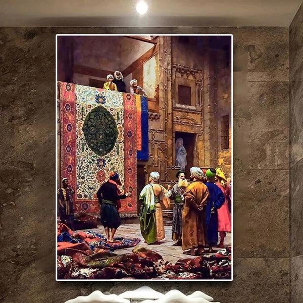 Arabi retrò Gerome Artwork Arab Carpet Merchant Living Life Landscape Art Poster dipinto di pittura Pronto Wall Immagine Decor home