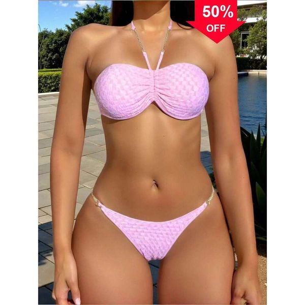 Yeni Moda Tasarımcı Toptan Kadın Yüzme Seksi Bikinis Mayolar Mayo Pleate Bikini Setleri Kadın Pembe Metal Kayış Push Up Bandau Micro Plajı