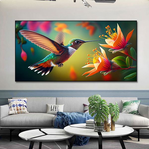 Fantasy Hummingbird Mangiamo poster di pittura di tela floreale e stampe immagini artistiche da parete camera da letto decorazioni per la casa senza cornice