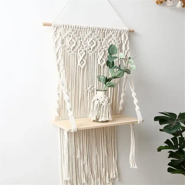 Wandteppiche Makrame Hung Regale Rustikales Badezimmerregal Holz schwimmend Boho Dekor Weißer Organizer handgefertigt gewebtes Seil Bohemian