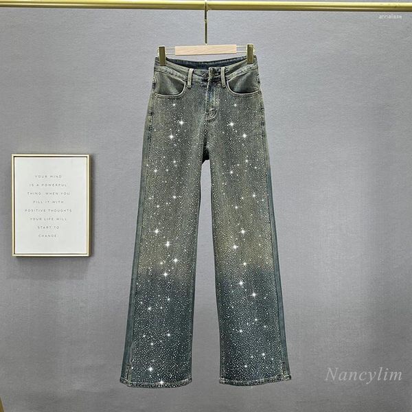 Женские джинсы Тяжелая индустрия Полный бриллиант для женщин Long Denim 2024 Осень высокий тали
