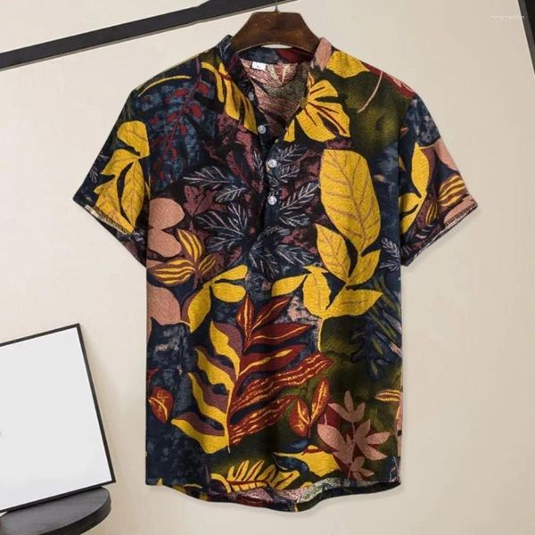 Camisas casuais masculinas Camisa de praia Camisa colorida de mangas geométricas coloridas de mangas curtas colar de colarinho resfriado