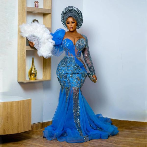 Abiti da festa splendida ballo blu nigeriano plus size sirene africana in perline di pizzo abito formale abito da reception di nozze aso ebi