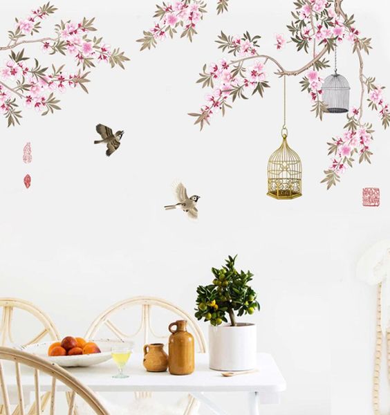 Pássaros voando entre flores galhos de árvore adesivos de parede adesivos de quarto quarto decoração de parede de parede de parede de arte de pássaro de pássaro de7585323