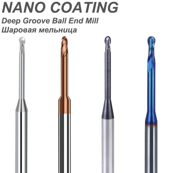 1pc HRC60 Longo do pescoço da esfera Fim de moinhos de ranhura profunda Groove Cutters Cretters CNC Bit R0.15 R0.2 R0.3 R0.5 Endmills Taper