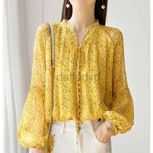 Kadınlar bluz gömlekleri 2023 yeni bahar gevşek boyut moda trend sarı parçalı çiçek taklit ipek fener kollu set önde gelen kadın tarzı gömlek 240411