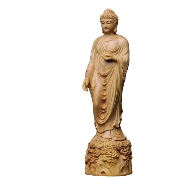 Figurine decorative intaglio in legno massiccio Amitabha Buddha Figurina decorazione decorazione statue statue artigianato artigianato ornamento di fornitura buddista casa