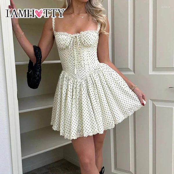 Abiti casual Iiamty chic eleganti eleganti pois stampare a-line corsetto abito da corsetto donna francese in stile inglese spaghetti cinturino da sole da sole