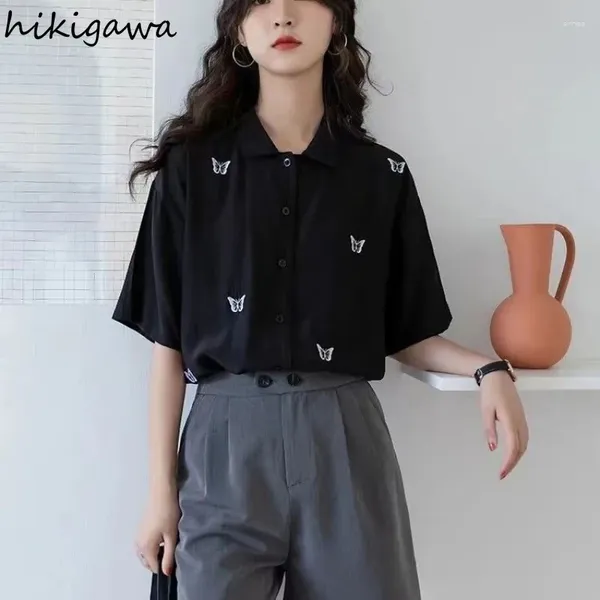 Frauenblusen Sommer Black Bluse für Frauen Streetwear Vintage Shirts 2024 Blusas Mujer de Moda Schmetterlingsdrucken Kurzarm Tops